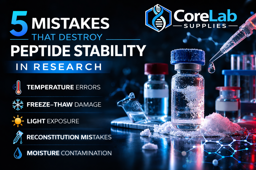 infographic showing 5 mistakes that destroy peptide stability in research including temperature errors freeze thaw cycles light exposure reconstitution mistakes and moisture